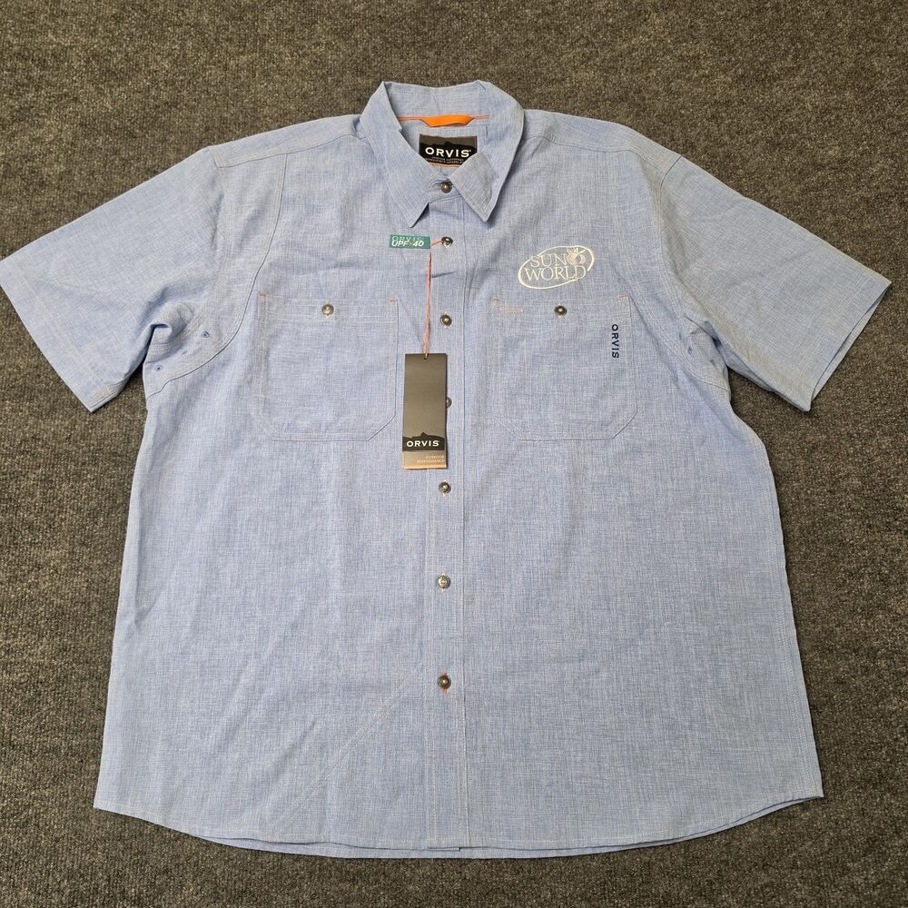 Orvis Tech Chambray S/S Active Fit Polyester Work Shirt Company Logo Sz XL NWT